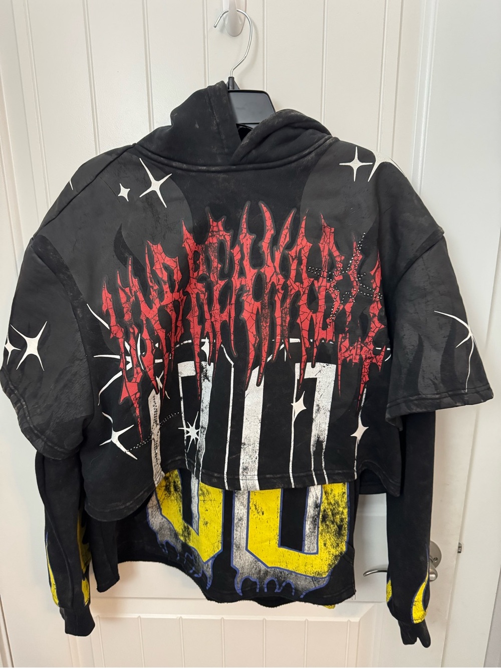 Smoke Rise Black Graphic Layered Hoodie Shirt Rhinestone Flame Size L